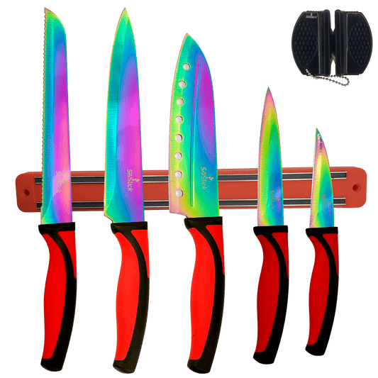 Kitchen Knife Set Kit | Red Handles | Red Magnetic Rack & sharpener